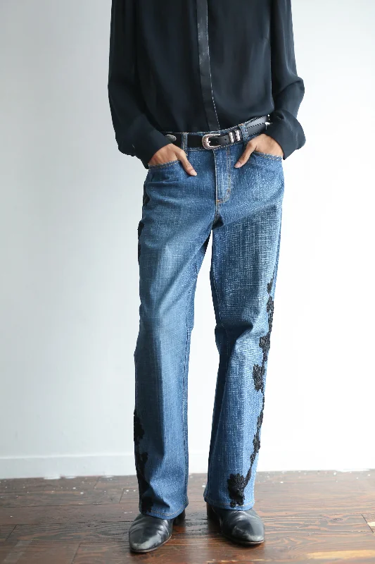 Custom Graphic Pants-90'S EMBOROIDERY DENIM FLARE PANTS