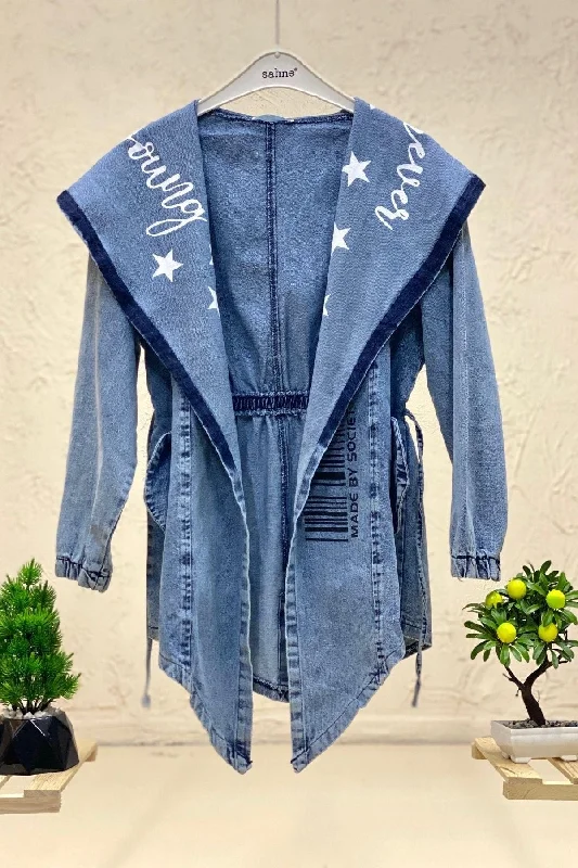 Custom Jackets for Casual Outfits-Tie Waist Printed Open Front Denim Jacket