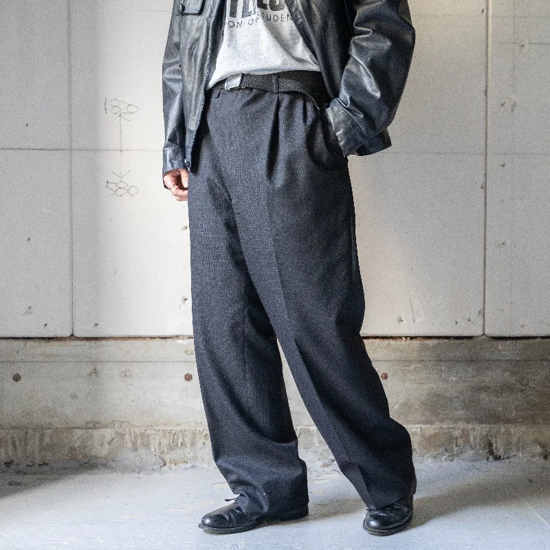 Custom Zip-Off Pants-1990s Japan vintage black check wool × poly two tuck slacks