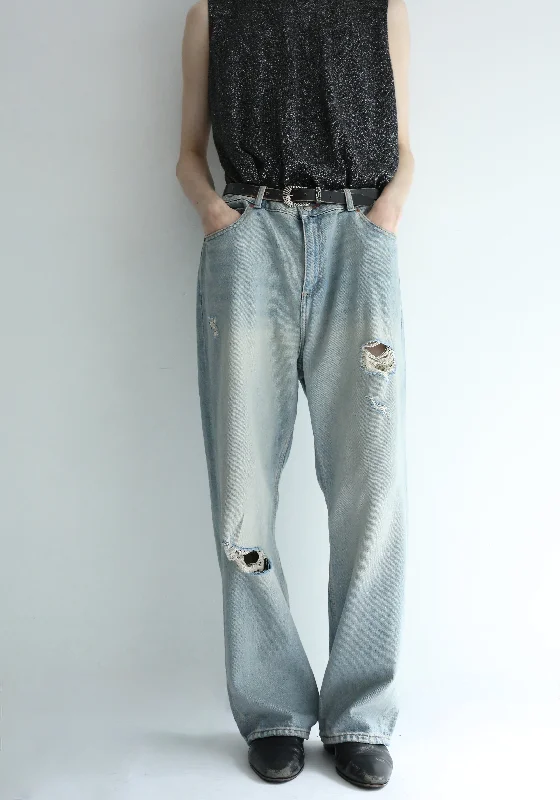 Custom Golf Pants-CRASHED WIDE DENIM PANTS