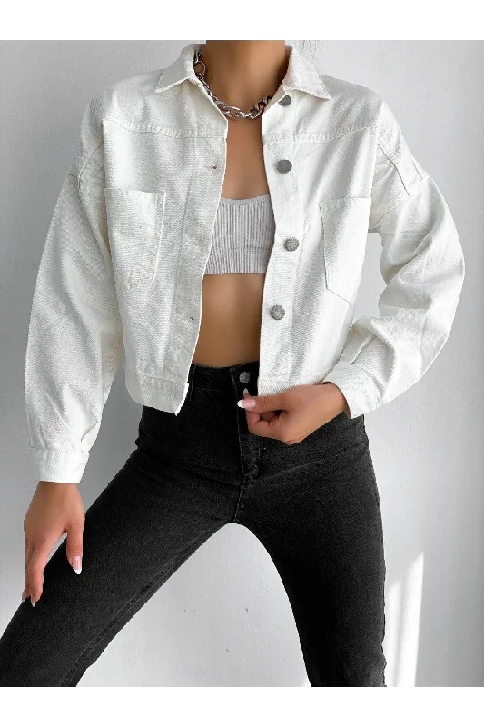 Custom Jackets for Trendy Looks-White Women's Oversize Crop Denim Jacket Zyn-58080