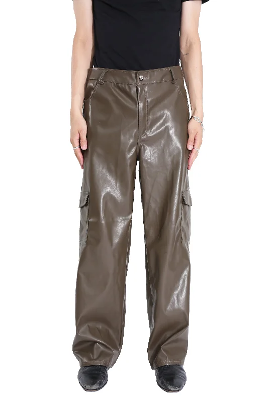 Custom Stretch Pants for Comfort-FAKE LEATHER CARGO FLARE PANTS