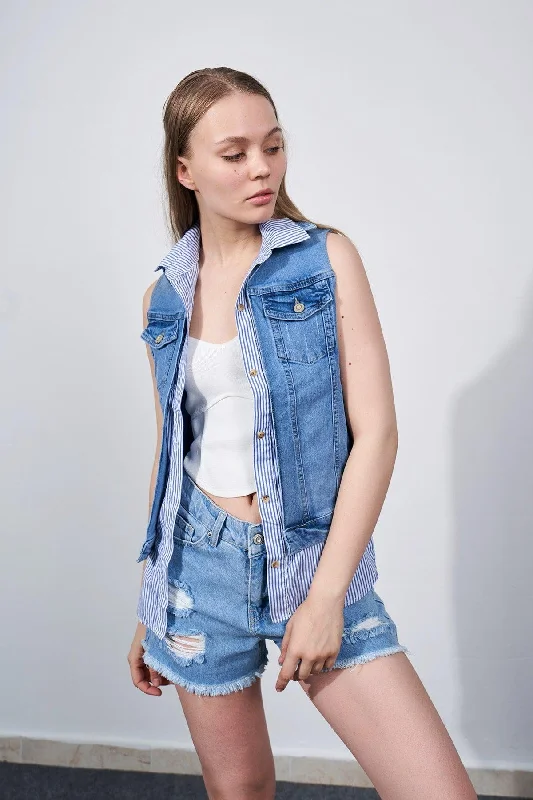 Custom Jackets with Spandex Blend-Women's Denim Jacket Vest Shirt Detailed Summer Jacket Sleeveless Denim Jacket