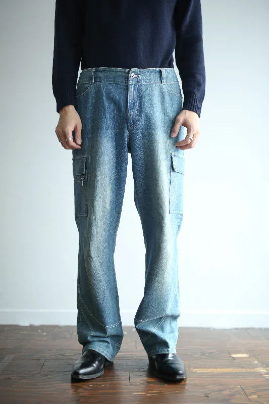 Custom Fashion Pants-STITCHED CARGO DENIM FLARE PANTS