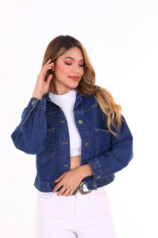 Custom Jackets for Warm Weather-Dark Blue Crop Denim Jacket Zyn-58080