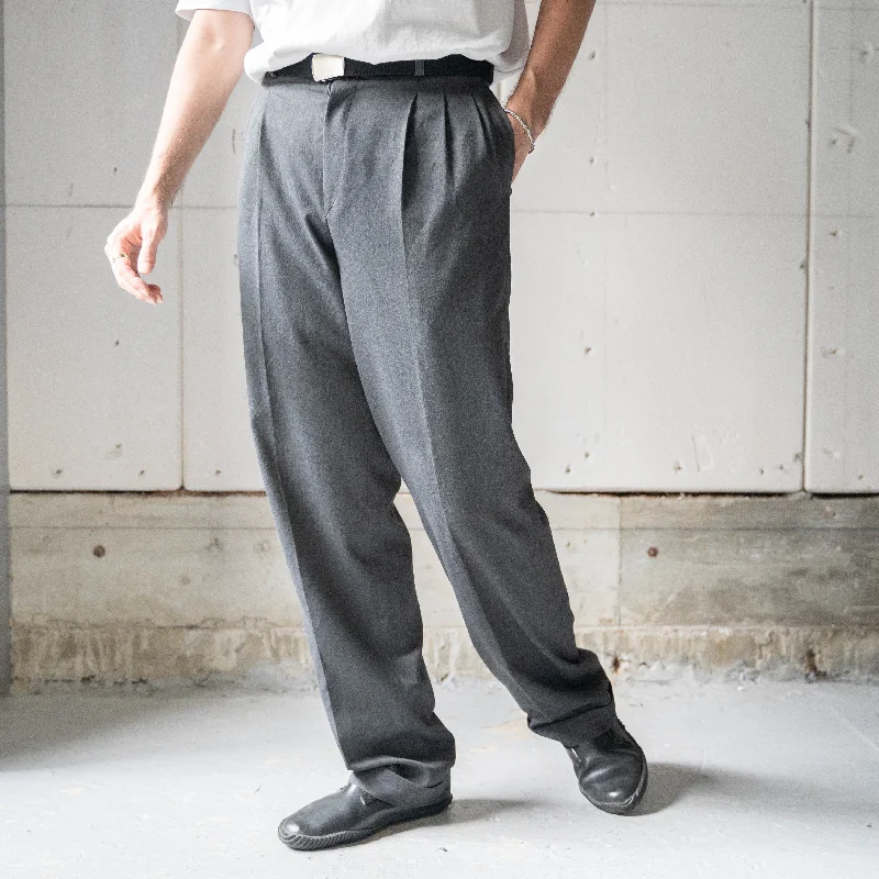 Custom Elastic Waist Pants-1990s dark gray color  poly × viscose 3 tuck slacks