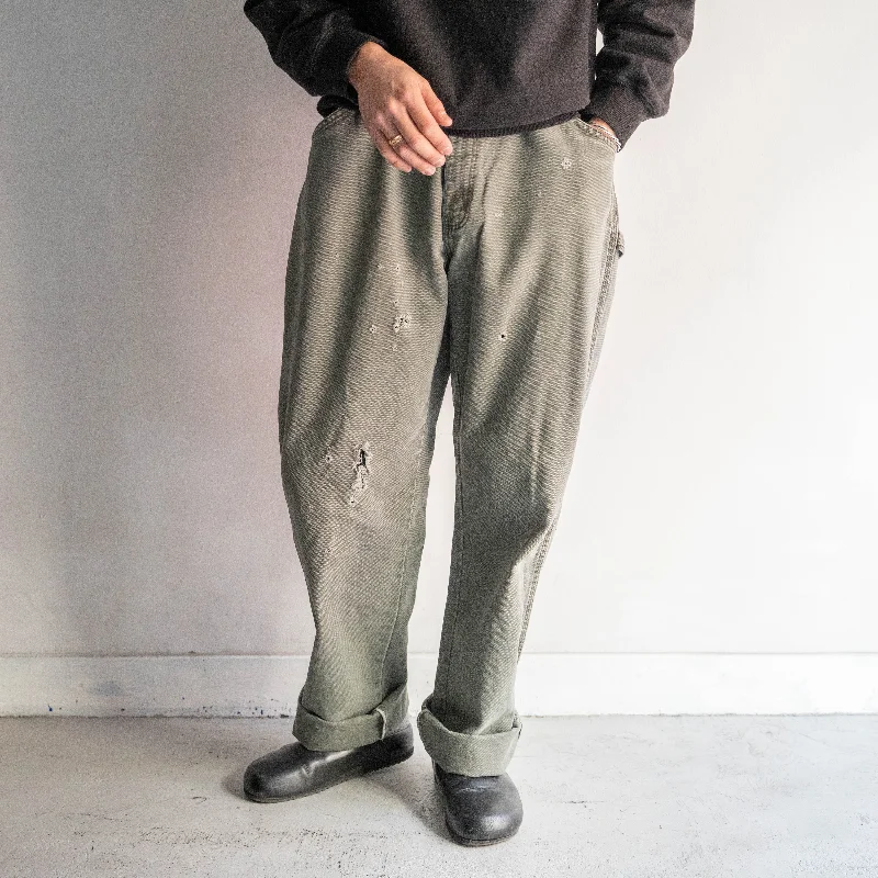 Custom Expedition Pants-2000s 'Dickies' green color duck fabric painter pants 'good damage & fade'