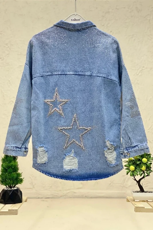 Custom Jackets with Wool Fabric-Back Star Stone Collar Denim Jacket