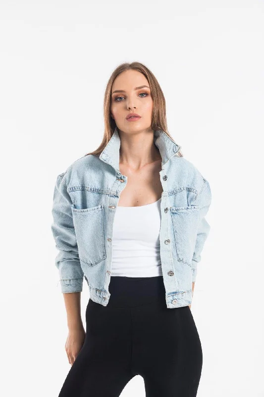 Custom Jackets with Nylon Fabric-Women's Blue Big Pocket Denim Jacket