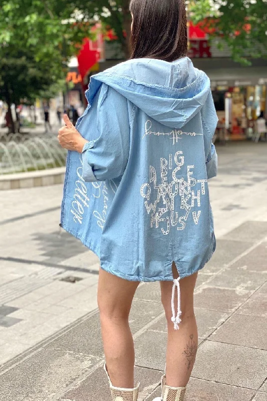 Custom Jackets with Light Padding-Back Printed Letter Hooded Denim Jacket