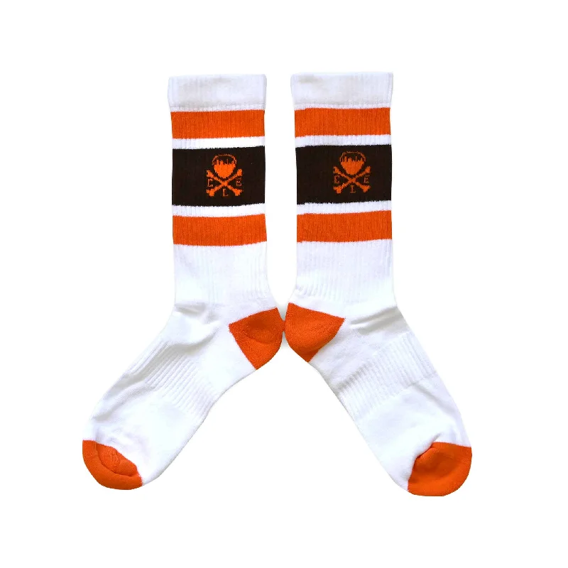 Custom Winter-Ready Socks-CLE Logo - Striped Crew Socks - Brown/Orange