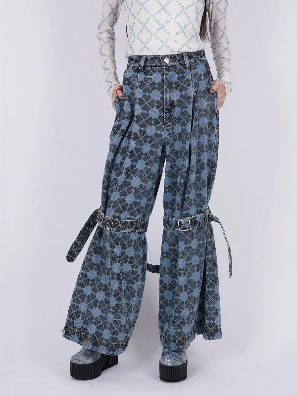 Custom Cuffed Pants-Pile Print Pixel Clover Denim Baggy Trousers