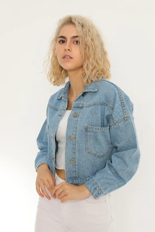 Custom Jackets with Heavy Padding-Blue Crop Denim Jacket Zyn-58080