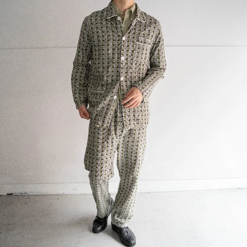 Custom Linen Pants-around 1980s Europe green color cotton × viscose pajamas set-up