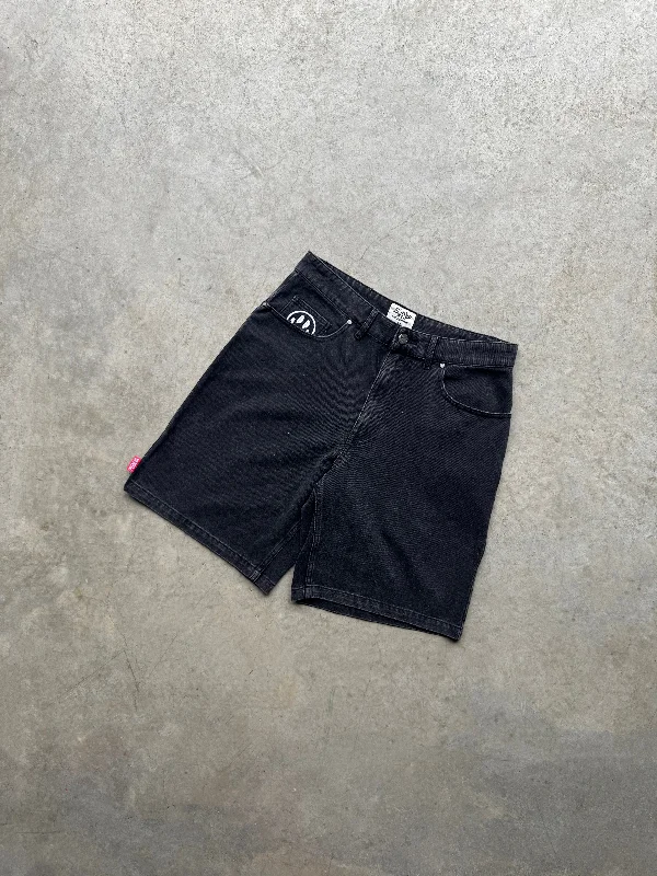 Custom Shorts with Softshell Material-BLACK DENIM PATCH LOGO SHORTS