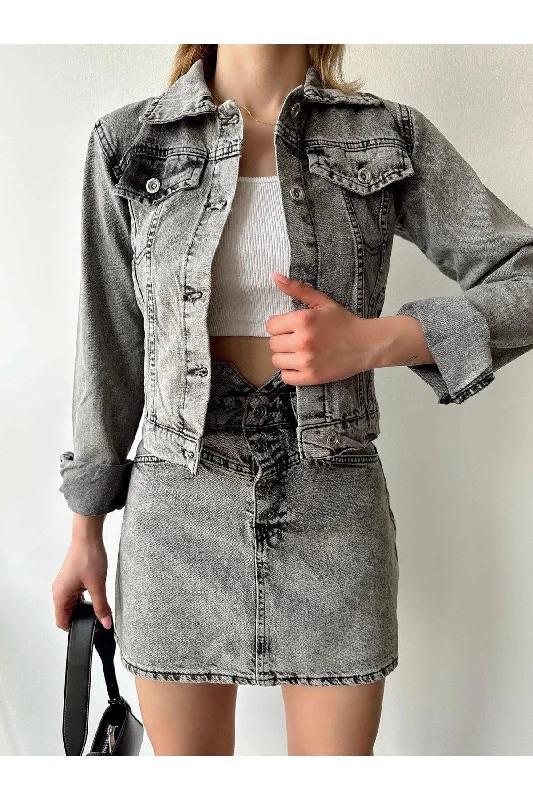 Custom Jackets with Ribbed Knit-Gray Women's Oversize Denim Jacket