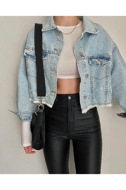 Custom Jackets with Polyester Fabric-Crop Denim Jeans Jacket