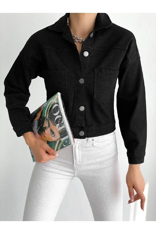 Custom Jackets with Zippered Sleeves-Black Crop Denim Jacket Zyn-58080