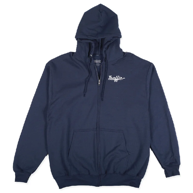 Custom Hoodies for Promotions-TRAFFIC SKATEBOARDS SCRIPT ZIP UP HOODIE NAVY