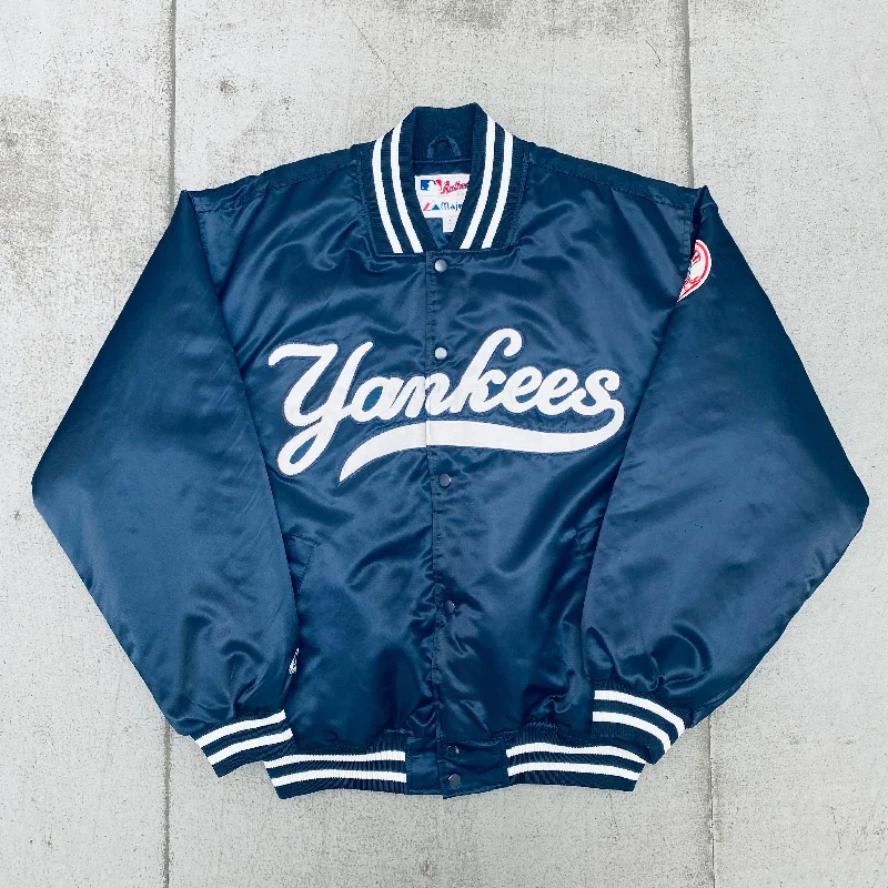 Custom Waterproof Jackets-New York Yankees: 2000's Majestic Satin Stitched Spellout Bomber Jacket (XL)