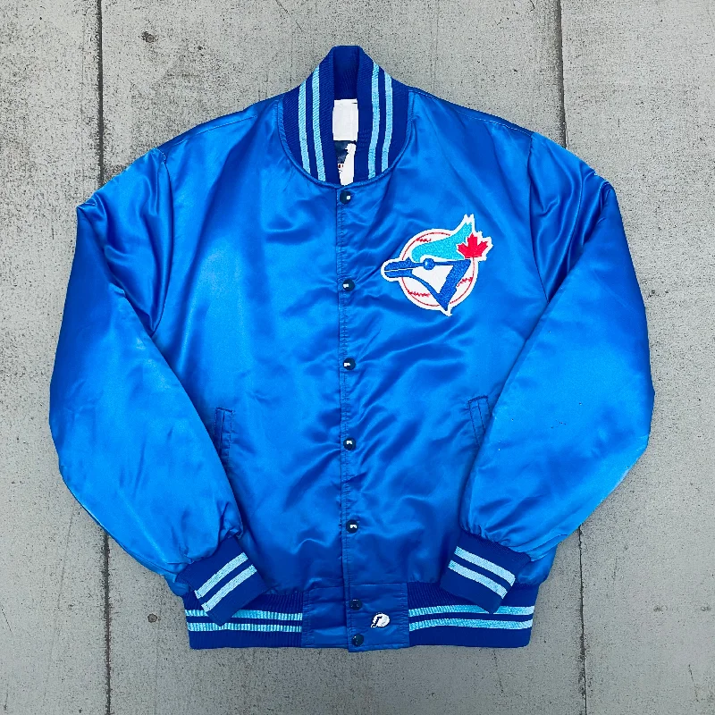 Custom Leather Jackets-Toronto Blue Jays: 1980's Satin Stitched Reverse Spellout Bomber Jacket (L)