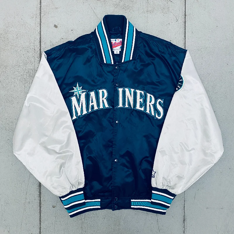 Custom Ski Jackets-Seattle Mariners: 1990's Satin Diamond Collection Lightweight Dugout Starter Bomber Jacket (XL)