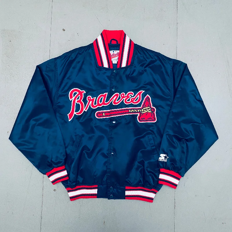 Custom Jackets with Comfortable Fit-Atlanta Braves: 1990's Satin Stitched Spellout Diamond Collection Lightweight Starter Bomber Jacket (L/XL)