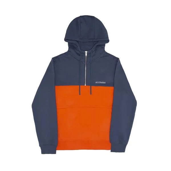 Custom Hoodies for Athletes-ALLTIMERS STRUCK HALF ZIP HOODIE - BLUE ORANGE