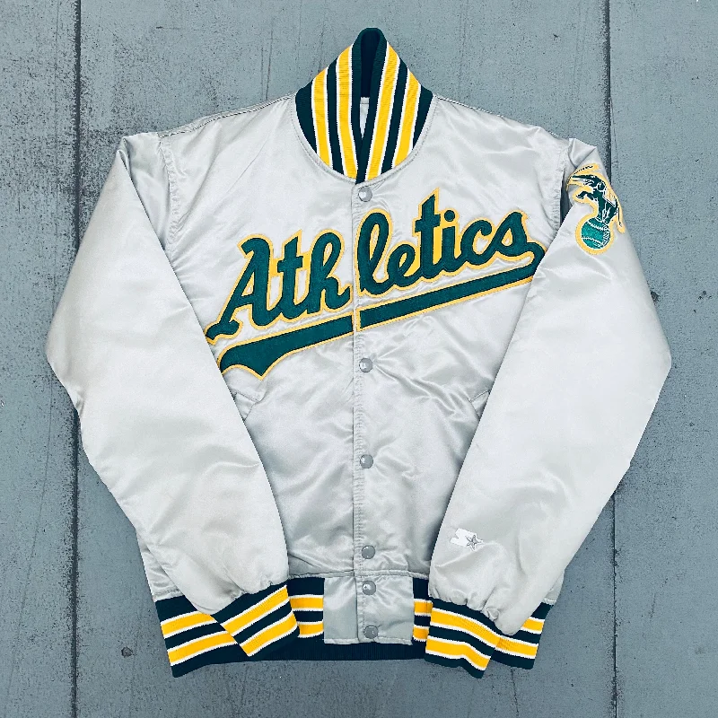 Custom Parka Jackets-Oakland Athletics: 1980's Silver Satin Diamond Collection Starter Bomber Jacket (S)