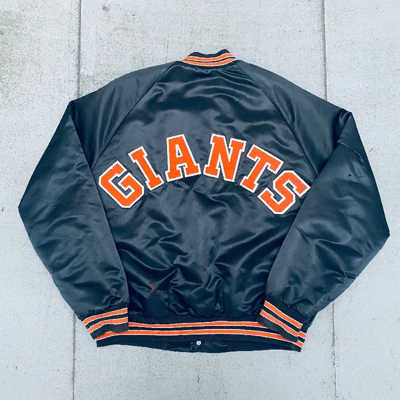 Custom Bomber Jackets-San Francisco Giants: 1990's Chalk Line Satin Reverse Stitched Spellout Bomber Jacket (L)