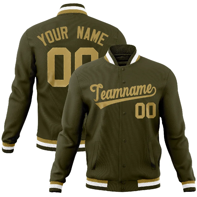 Custom Jackets with Military Pockets-Custom Olive Classic Style Varsity Full-Snap Letterman Baseball Jersey