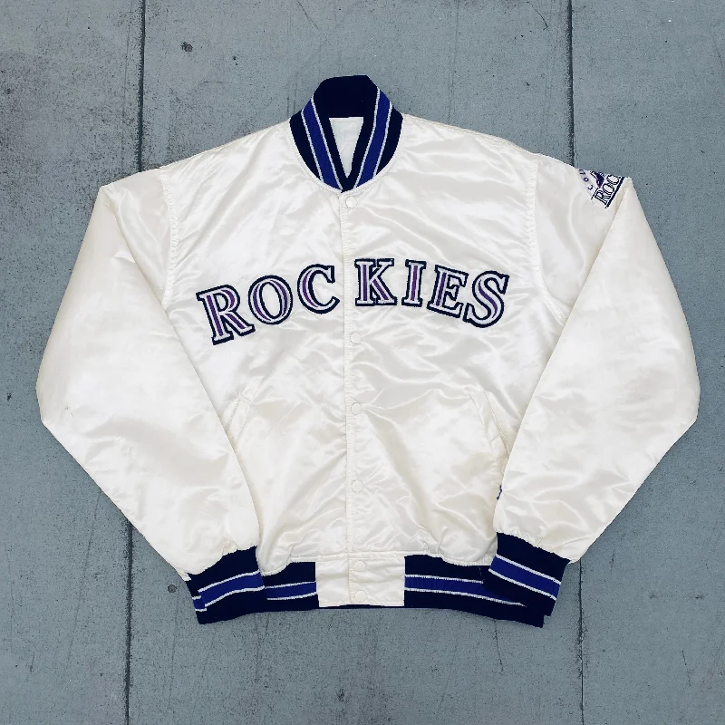 Custom Rain Jackets-Colorado Rockies: 1990's White Satin Diamond Collection Starter Bomber Jacket (L)