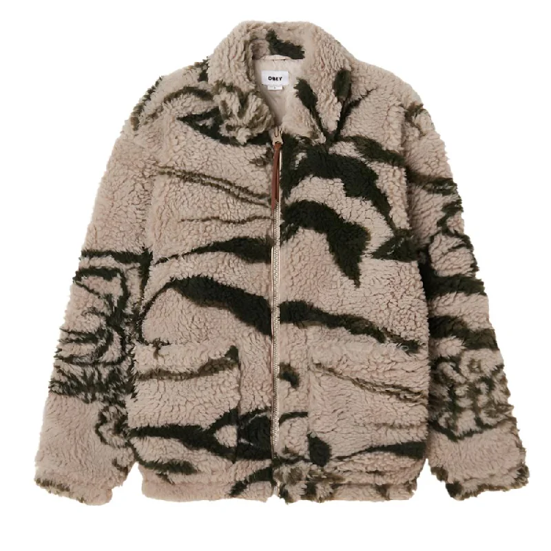 Custom Jackets with Earth Tones-OBEY MUSHROOM SHERPA JACKET // SILVER GREY MULTI