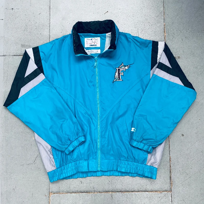 Custom Sports Jackets for Teams-Florida Marlins: 1990's Fullzip Reverse Spellout Starter Windbreaker w/ Hood (XL)