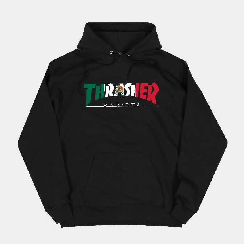 Custom Hoodies with Abstract Art-THRASHER MEXICO REVISTA HOODIE - BLACK