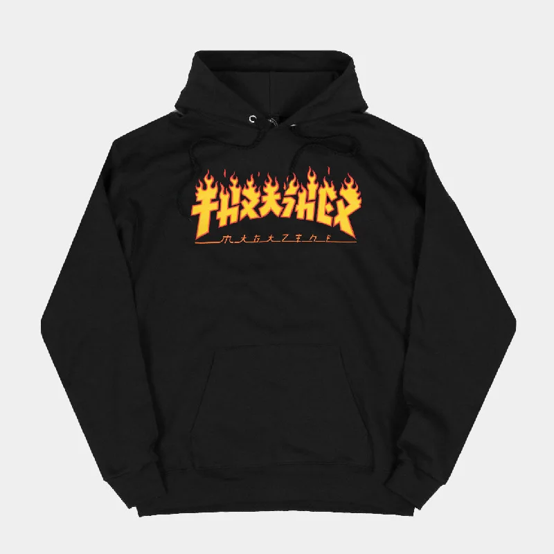 Custom Hoodies with Custom Art-THRASHER GODZILLA FLAME HOODIE - BLACK