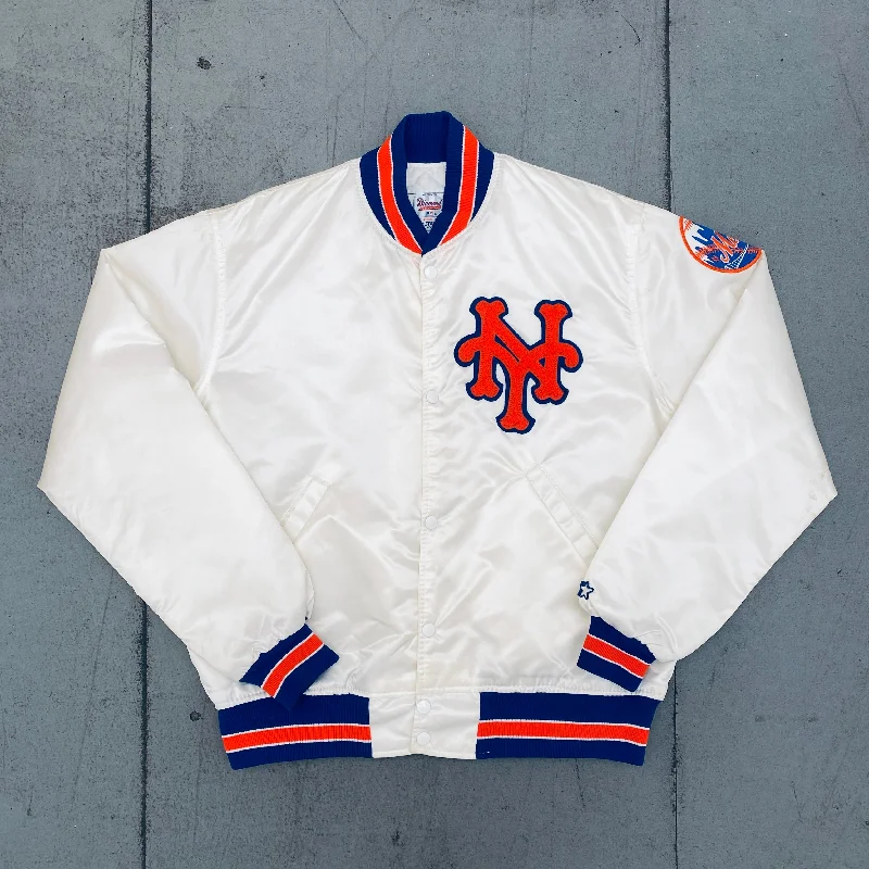 Custom Trench Coats-New York Mets: 1980's White Satin Diamond Collection Starter Bomber Jacket (L)