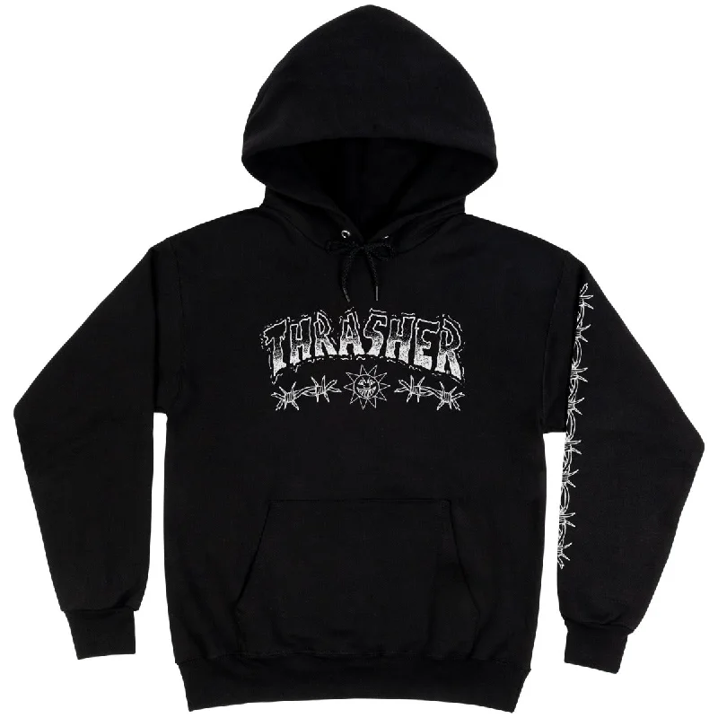 Custom Hoodies for Road Trips-Thrasher Magazine Barbed Wire Hoodie - Black