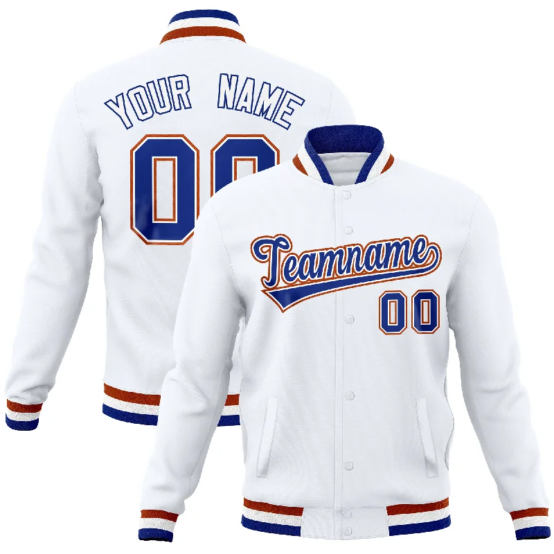 Custom Jackets with Padded Insulation-Custom White Classic Style Varsity Full-Snap Letterman Baseball Jersey