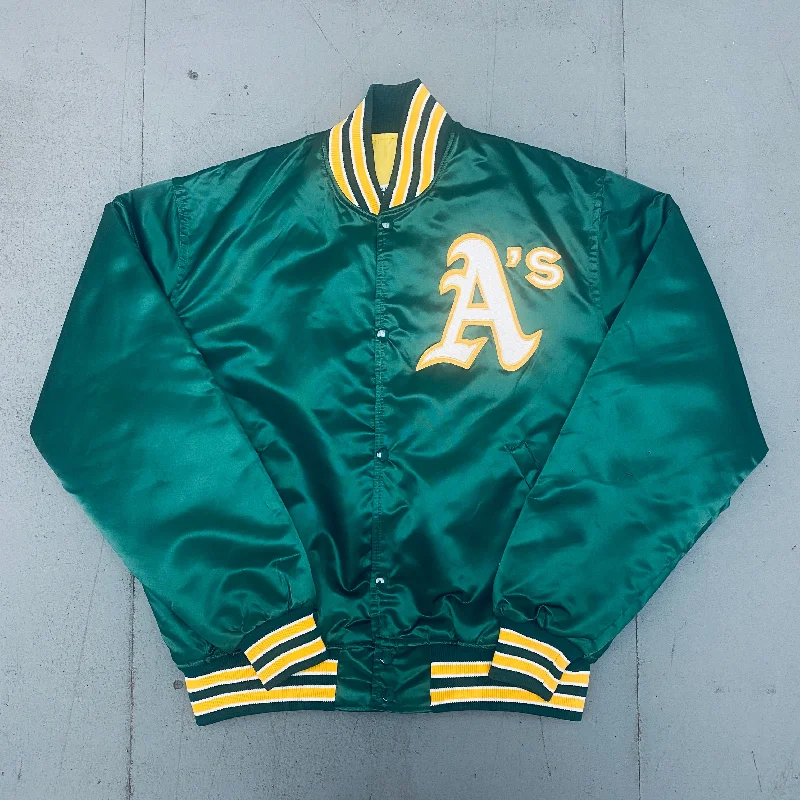 Custom Fall Jackets-Oakland Athletics: 1980's Satin Starter Bomber Jacket (XL)