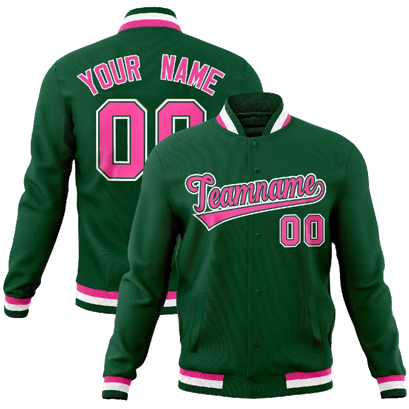 Custom Jackets with Elastic Hems-Custom Green Classic Style Varsity Full-Snap Letterman Baseball Jersey