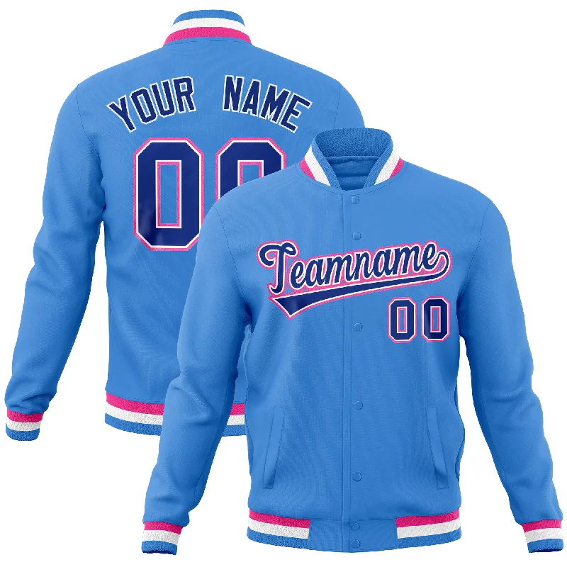 Custom Jackets with Faux Leather-Custom Powder Blue Classic Style Varsity Full-Snap Letterman Baseball Jersey