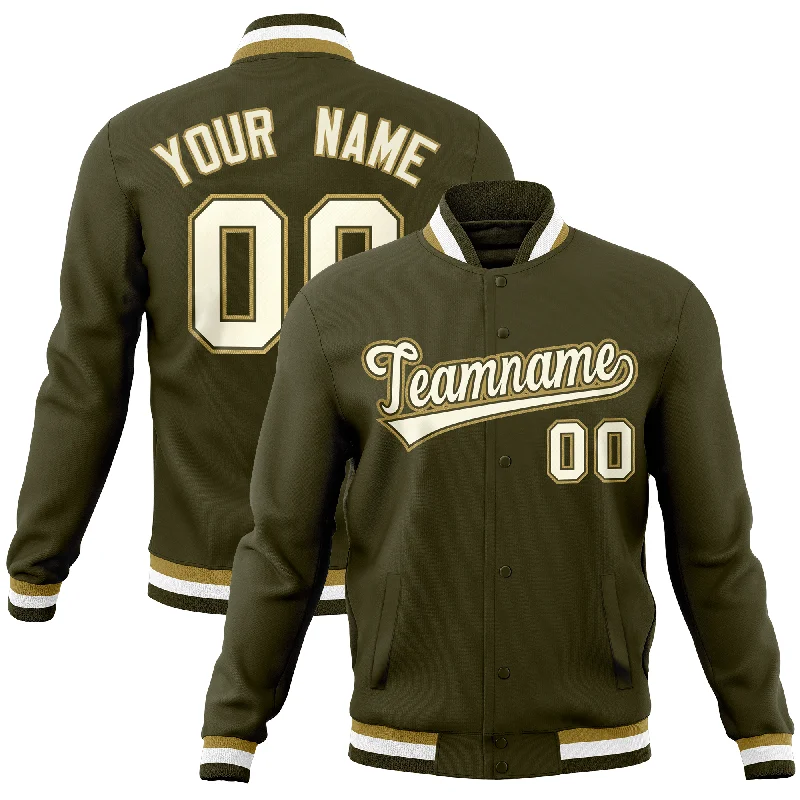 Custom Jackets with Faux Fur Lining-Custom Olive Classic Style Varsity Full-Snap Letterman Baseball Jersey