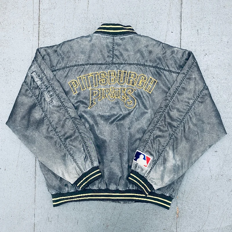 Custom Travel Jackets-Pittsburgh Pirates: 1990's Reverse Embroidered Spellout Stone Wash Fullzip Bomber Jacket (XL)