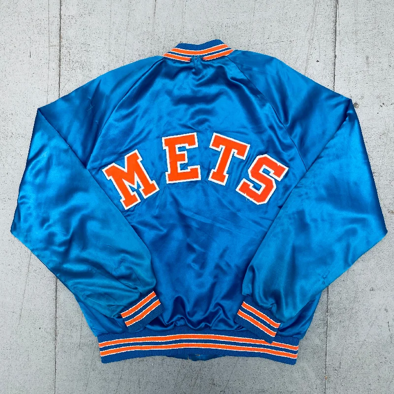 Custom Jogging Jackets-New York Mets: 1980's Chalk Line Satin Stitched Reverse Spellout Bomber Jacket (M/L)