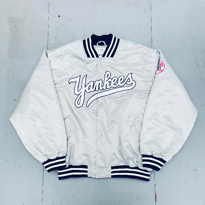 Custom Jackets with Wind and Water Resistance-New York Yankees: 2000's Majestic Satin Silver Stitched Spellout Bomber Jacket (XXL)