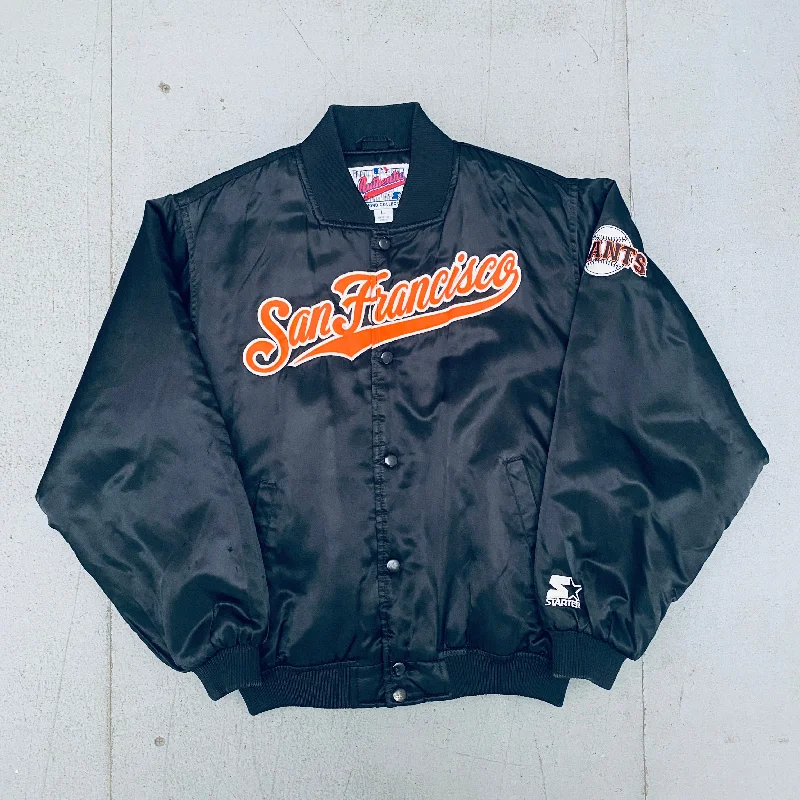 Custom Jackets for Women-San Francisco Giants: 1990's Satin Stitched Script Spellout Diamond Collection Starter Bomber Jacket (S)