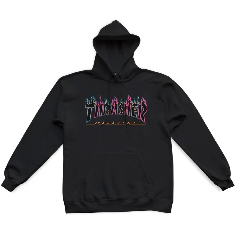 Custom Hoodies with Custom Logos-THRASHER DOUBLE FLAME NEON LOGO HOODIE - BLACK