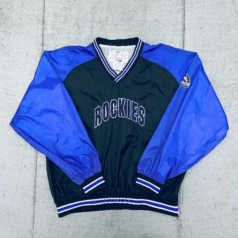 Custom Cycling Jackets-Colorado Rockies: 1990's Chalk Line Embroidered Spellout Dugout Jacket (XL)