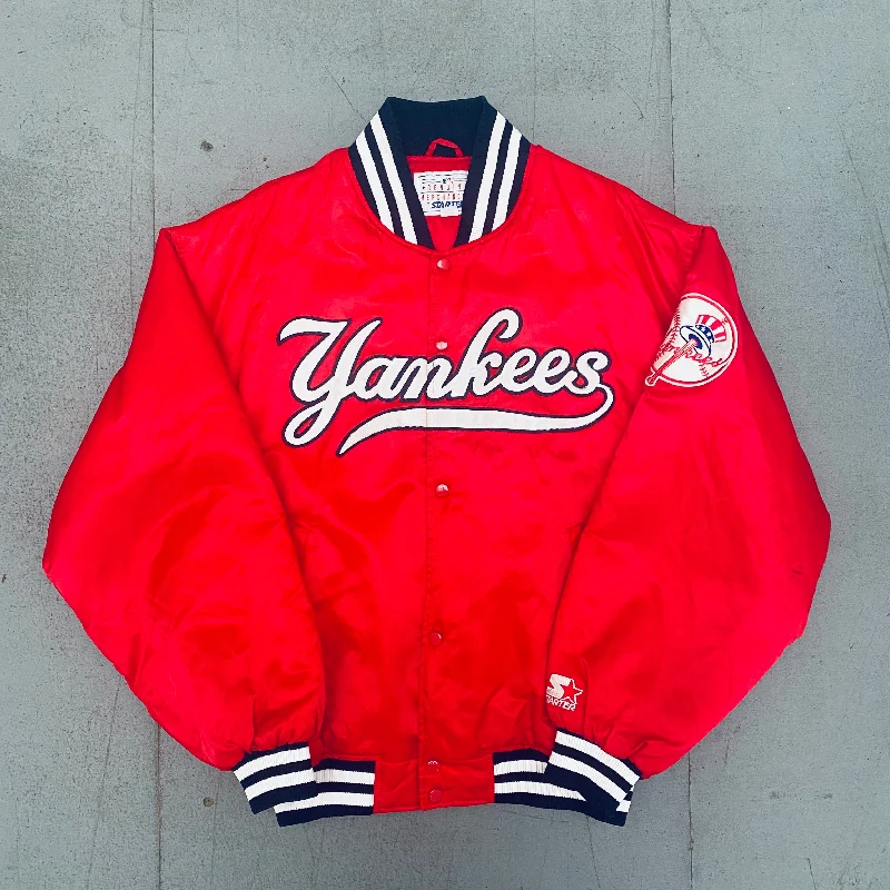 Custom Jackets for Men-New York Yankees: 1990's Satin Stitched Spellout Red Starter Bomber Jacket (XL)